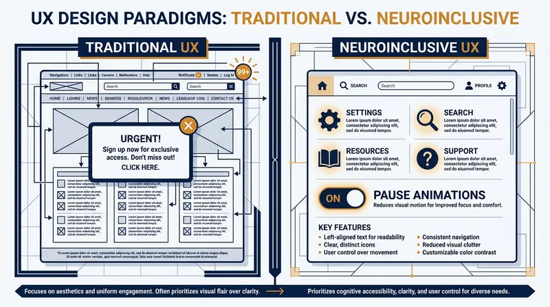 Neuroinclusive digital interfaces prioritize cognitive support, clear navigation, and user control over sensory inputs like motion.