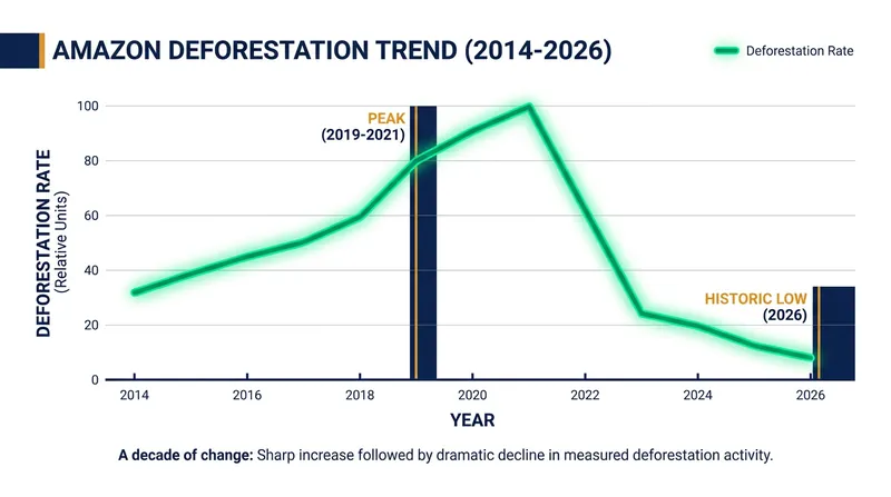 Annual forest loss has fallen steadily since peaking earlier in the decade.