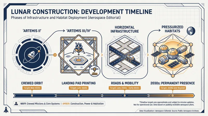 The phased approach to lunar construction prioritizes critical infrastructure like landing pads before attempting human habitats.