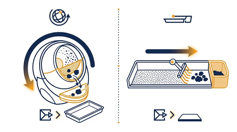 Rotating systems tumble the entire bed of litter, while raking systems sweep a mechanical comb across a stationary tray.