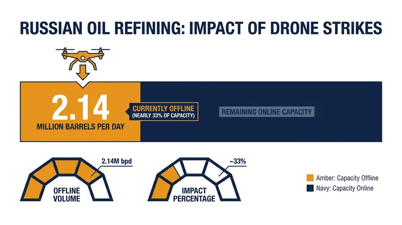 Nearly one-third of Russia's total oil refining capacity has been taken offline by targeted drone strikes.