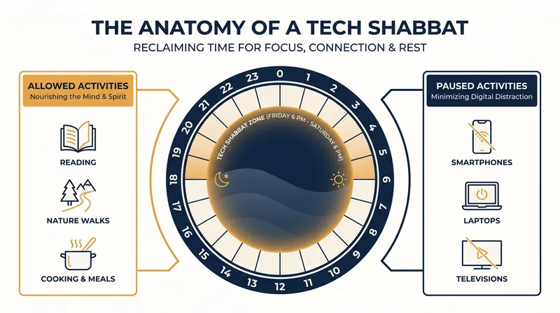 A typical Digital Sabbath runs from Friday evening to Saturday evening, replacing screen time with analog activities.