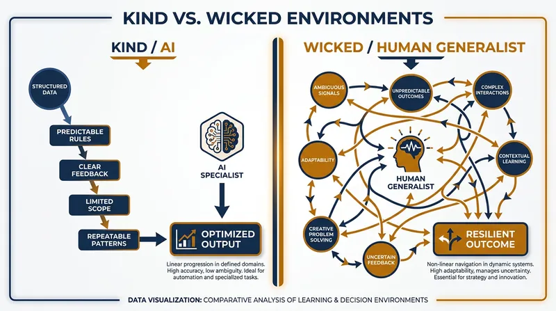 AI thrives in predictable 'kind' environments, while human generalists excel in ambiguous 'wicked' domains.