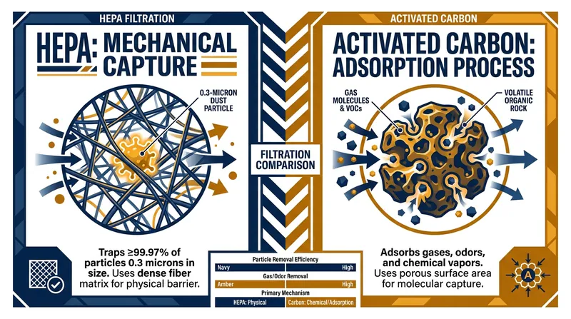 HEPA filters trap physical particles, while activated carbon is required to adsorb gaseous pollutants.
