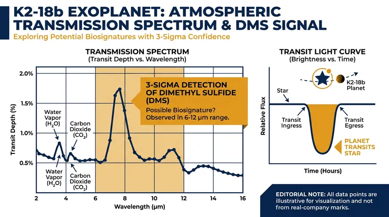 Transmission spectroscopy measures starlight filtered through a planet's atmosphere, revealing chemical fingerprints like Dimethyl Sulfide.