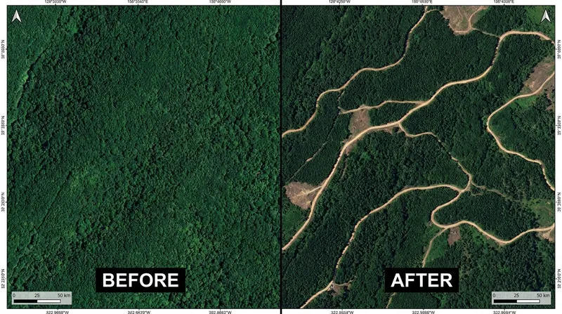 High-frequency commercial satellite imagery allows analysts to detect illegal logging roads as they are built.
