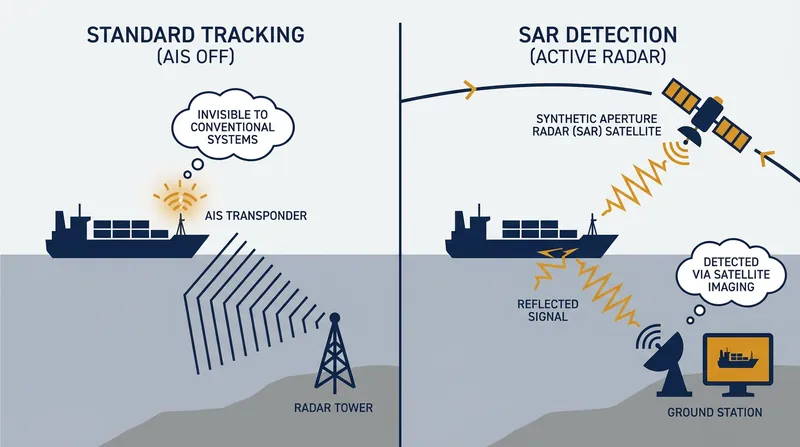 By combining public AIS data with radar imagery, analysts can spot vessels attempting to hide.