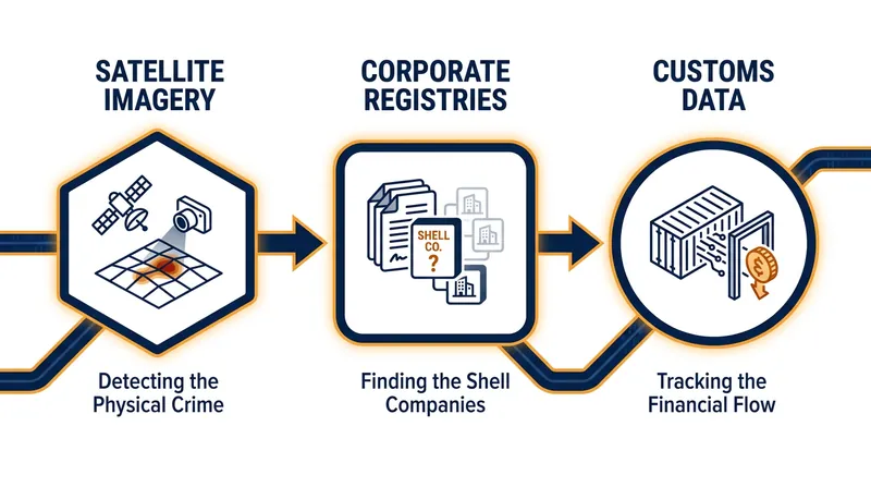 Building an evidence pack requires fusing physical geospatial data with complex financial and corporate tracking.