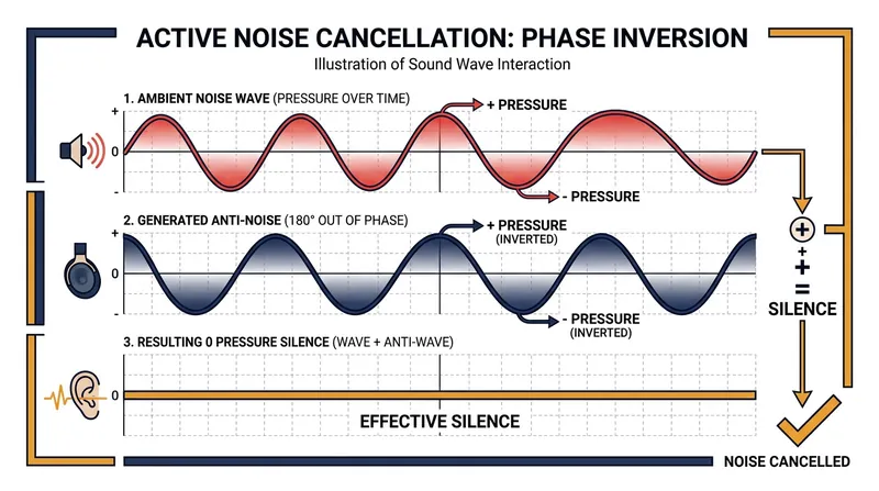 Active Noise Cancellation works through destructive interference, generating an inverse sound wave that neutralizes incoming noise.