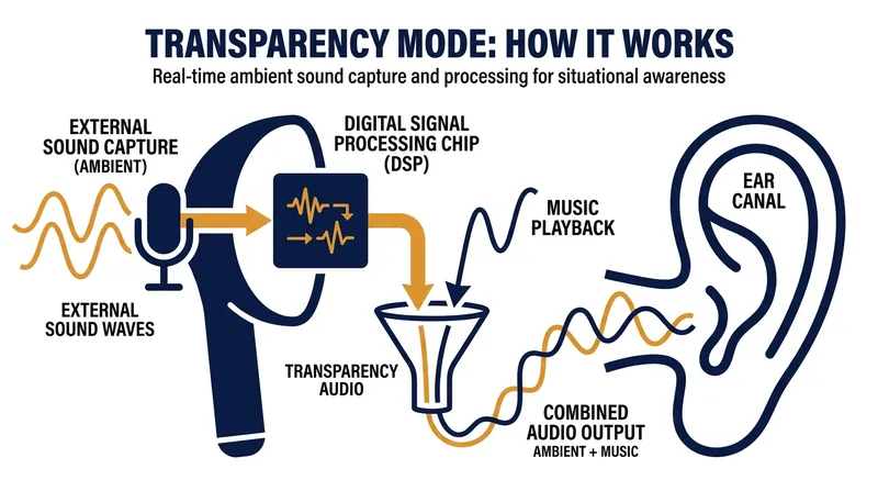 Transparency mode uses the same external microphones to capture ambient sound and amplify it, allowing for situational awareness.