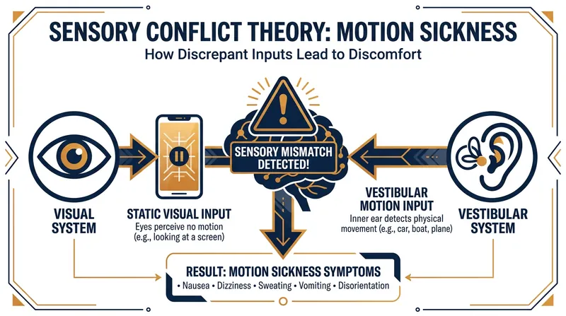 Motion sickness occurs when the brain receives conflicting signals from the eyes and the inner ear.