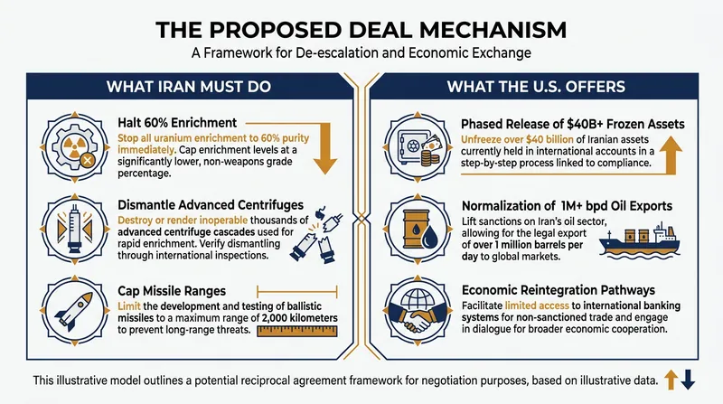 The proposed framework trades verifiable nuclear rollbacks for phased, escrow-based financial relief.