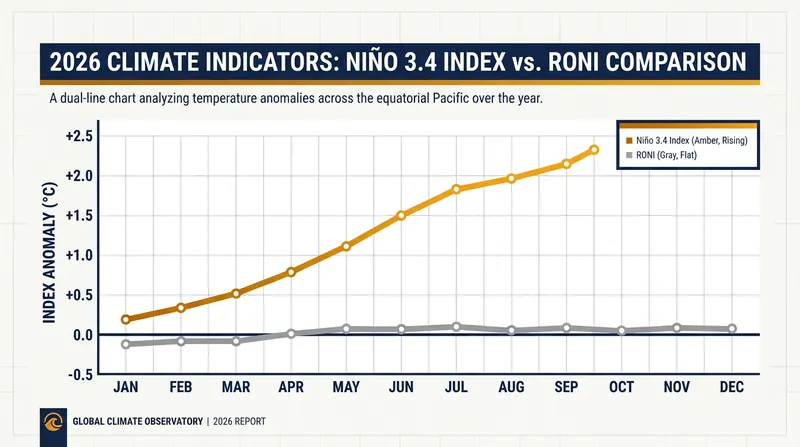 While absolute temperatures (Niño 3.4) show a massive spike, the relative anomaly (RONI) remains muted due to globally warm oceans.