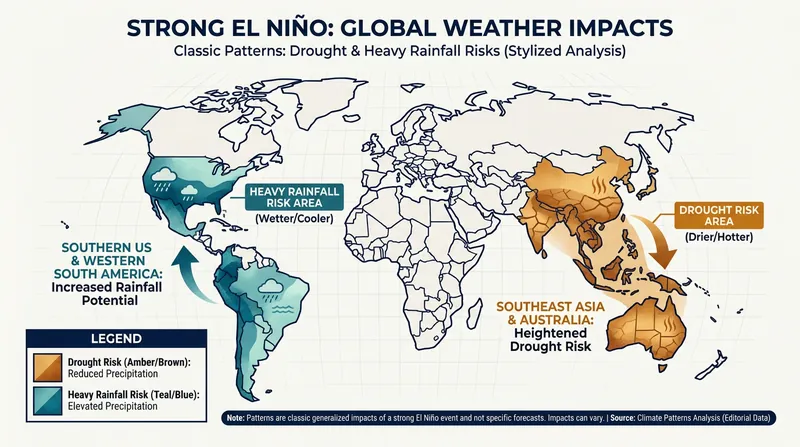 Traditional models predict severe droughts in the Western Pacific and heavy rainfall in the Americas, though thermal saturation may alter these outcomes.