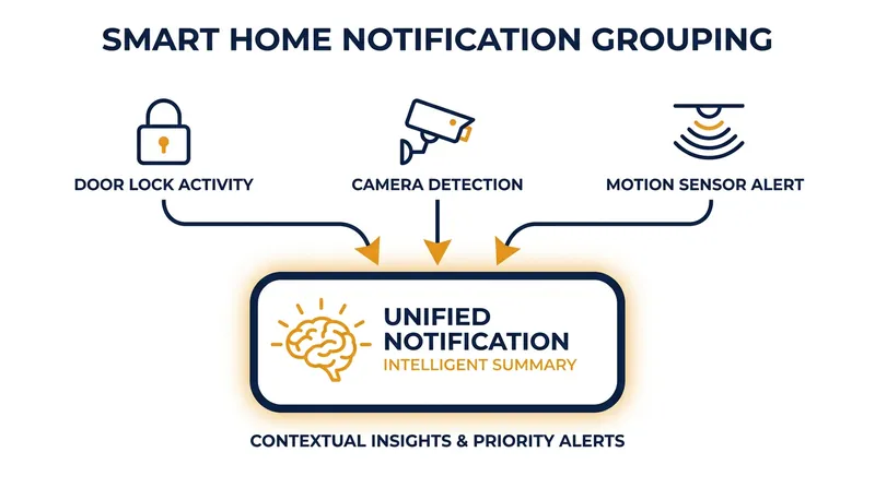 Apple Intelligence reduces notification fatigue by grouping related smart home events into a single live alert.