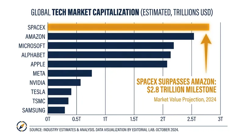 SpaceX's post-IPO surge vaulted it past Amazon to become one of the five most valuable companies in the world.