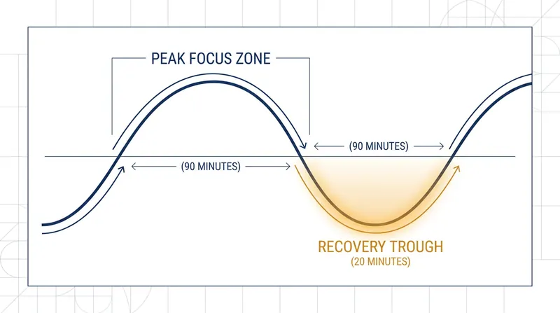 The human brain naturally cycles through peaks of high alertness and troughs of physiological fatigue every 90 to 120 minutes.