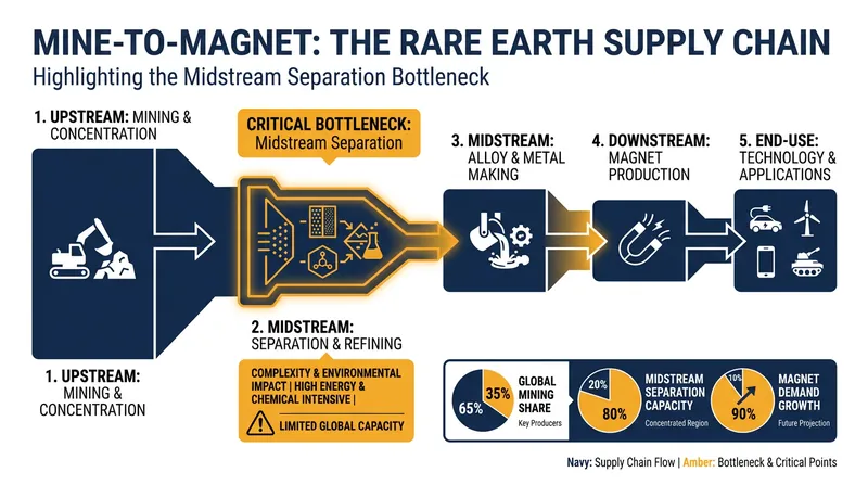 Midstream separation remains the most technically demanding and constrained segment of the rare earth value chain.