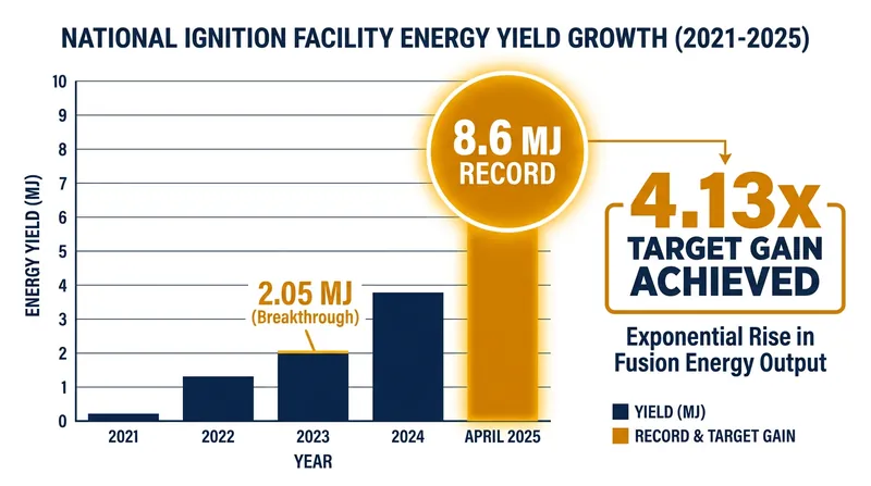 Energy yields at the National Ignition Facility have grown exponentially since the first breakeven event in 2022.