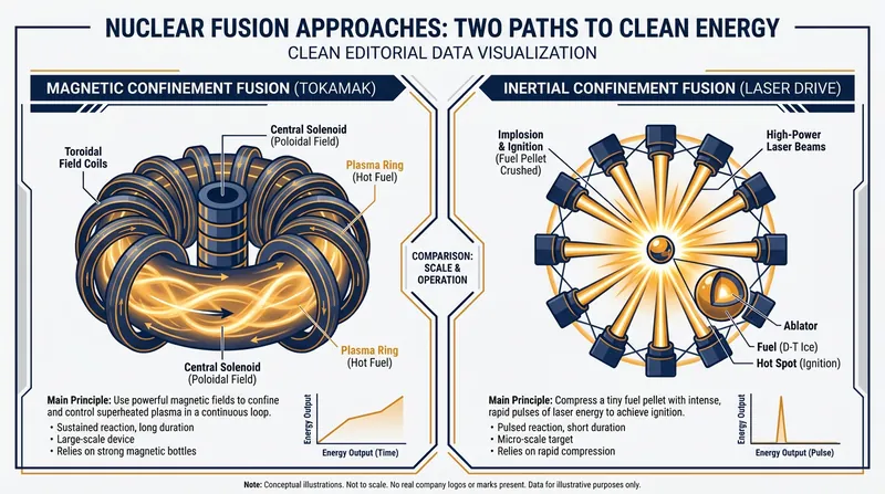 The two primary pathways to fusion: magnetic confinement (tokamaks) and inertial confinement (lasers).