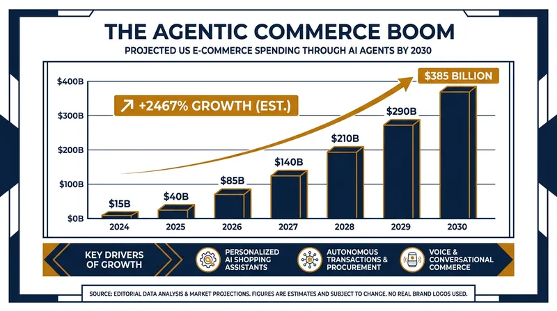 Autonomous shopping agents are projected to capture up to a quarter of all e-commerce volume by 2030.