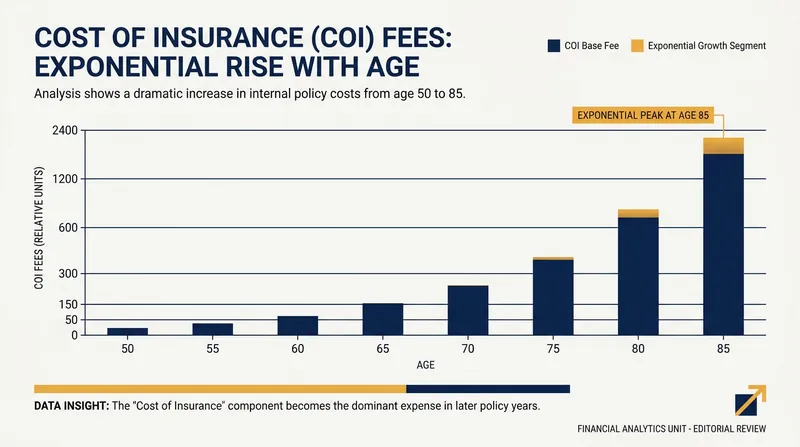 The internal cost of insurance rises exponentially as policyholders age, creating a heavy fee drag in retirement.