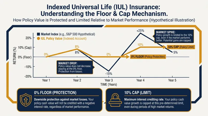 The floor protects against market crashes, while the cap limits maximum potential gains during bull markets.
