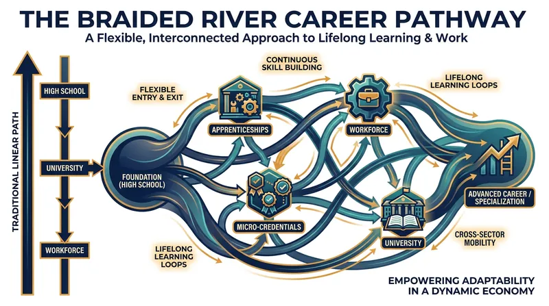 The 'braided river' model replaces the traditional rigid pipeline, offering multiple entry and exit points for continuous learning.