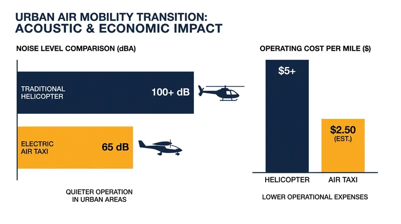 Electric air taxis operate at a fraction of the noise and cost of traditional helicopters.
