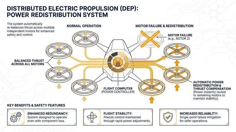 Distributed Electric Propulsion replaces a single combustion engine with multiple independent electric motors, eliminating single points of failure.