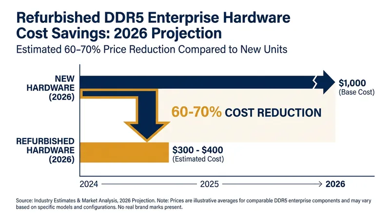 Refurbished enterprise hardware can offer savings of up to 70% compared to new DDR5 models.