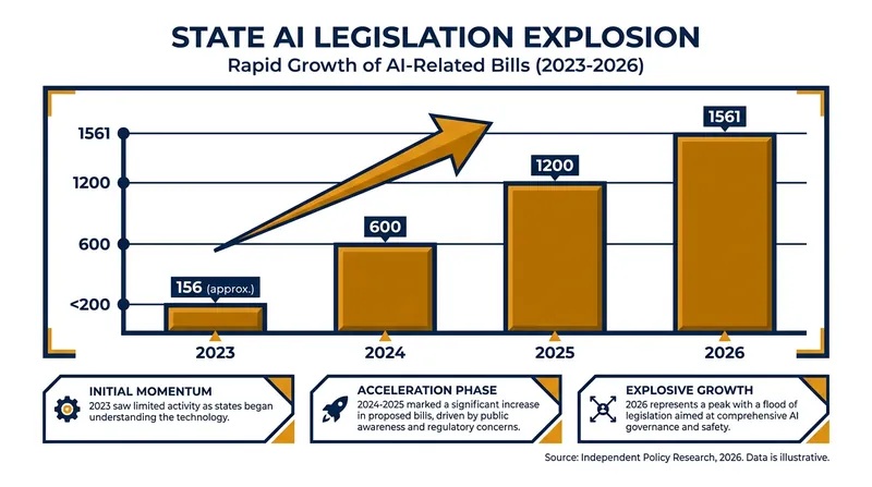 State lawmakers introduced 1,561 AI-related bills by March 2026, driving the push for federal preemption.