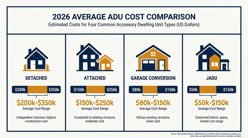 Construction costs vary significantly based on whether the unit is detached, attached, or a conversion of existing space.