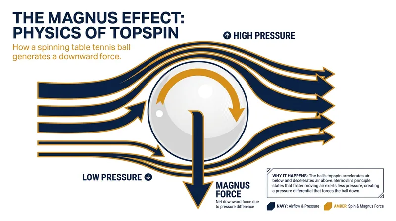 Heavy topspin engages the Magnus effect, forcing the ball to dive sharply onto the table.