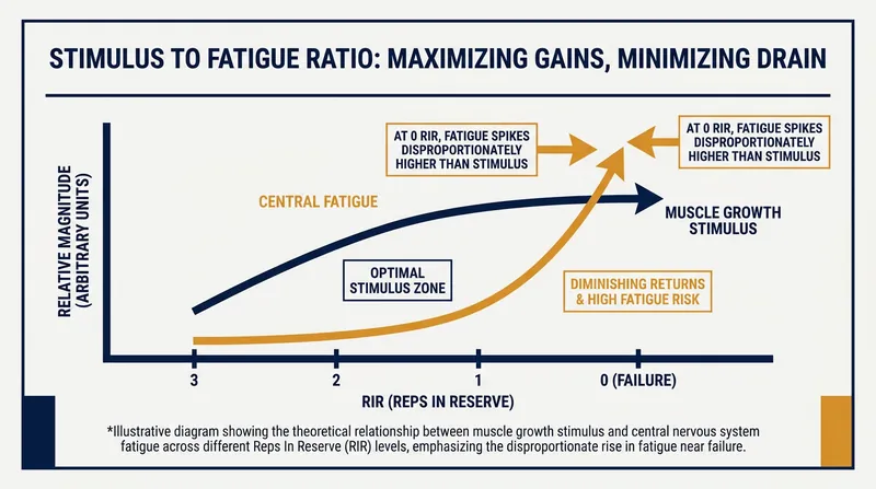Pushing to 0 RIR causes a massive spike in central fatigue without a proportional increase in muscle growth.
