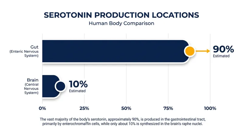 The vast majority of the body's serotonin is manufactured by cells in the digestive tract, not the brain.