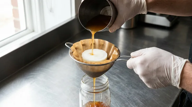 Freezing the mixture allows the fat to solidify, making it easy to strain away from the liquid spirit.