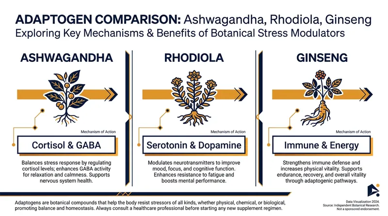 Different adaptogens operate through distinct biological pathways, targeting different symptoms of stress and fatigue.