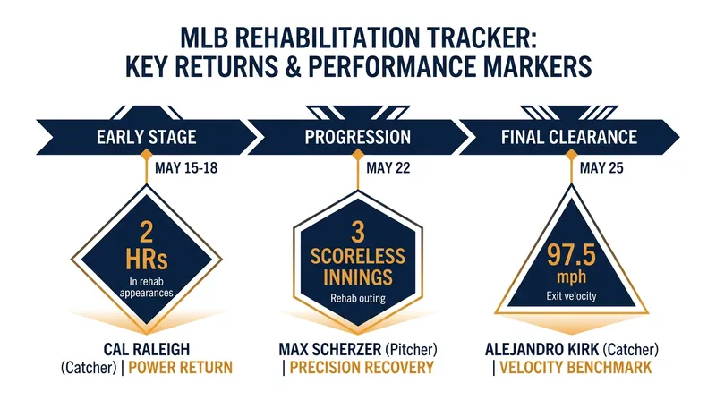Key performance metrics from recent minor-league rehab assignments and MLB returns.