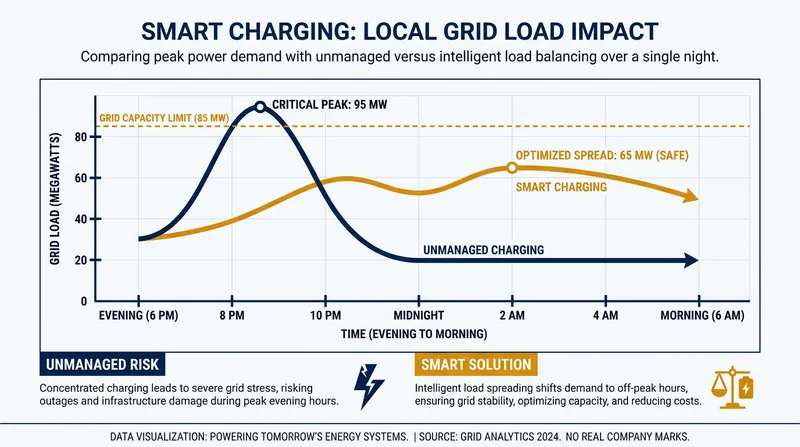 Smart software staggers charging sessions to prevent bus depots from overloading the local power grid.