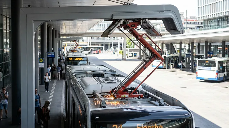Opportunity charging uses overhead pantographs to deliver massive amounts of power in just a few minutes.