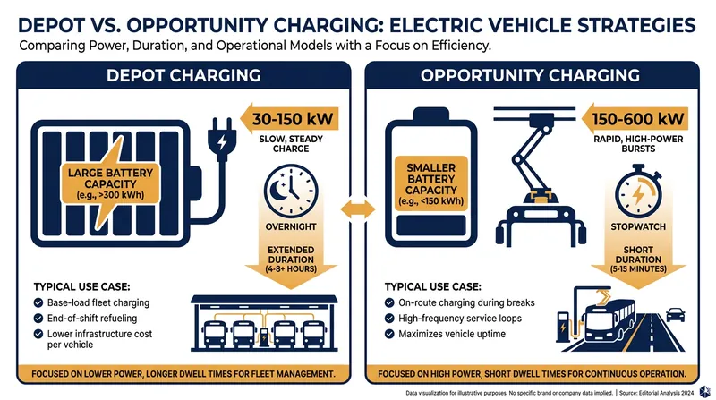 Transit agencies must choose between carrying heavy batteries for overnight charging or building fast-charging infrastructure along routes.