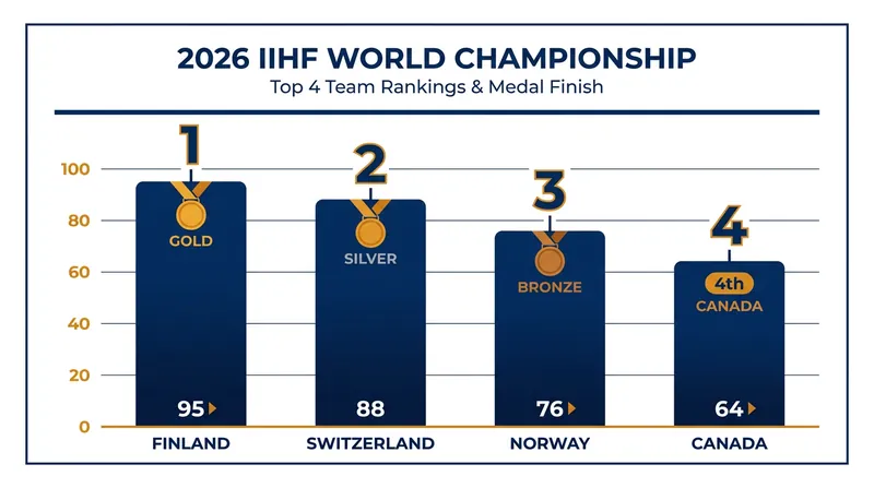 Final standings for the top four nations at the 2026 IIHF World Championship.