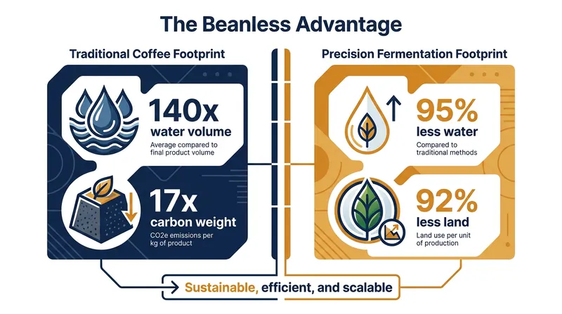 Precision fermentation drastically reduces the environmental footprint of coffee production.