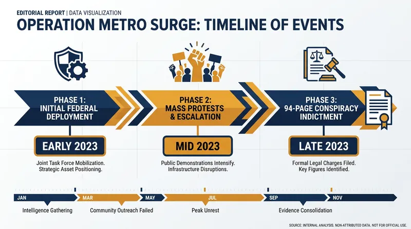 Timeline of events leading from Operation Metro Surge to the federal conspiracy charges.