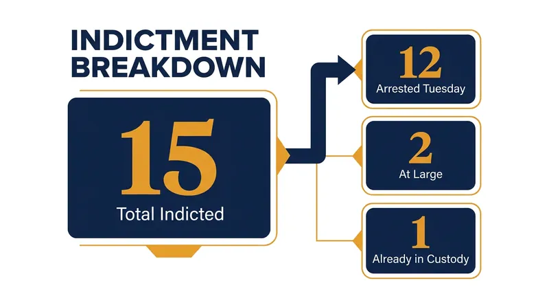 Breakdown of the 15 individuals charged in the federal conspiracy indictment.