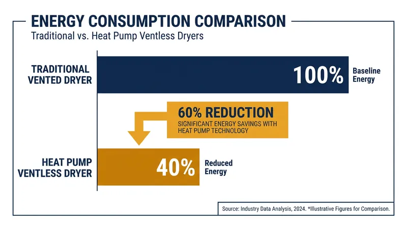 Heat pump technology cuts the energy required to dry clothes by more than half.