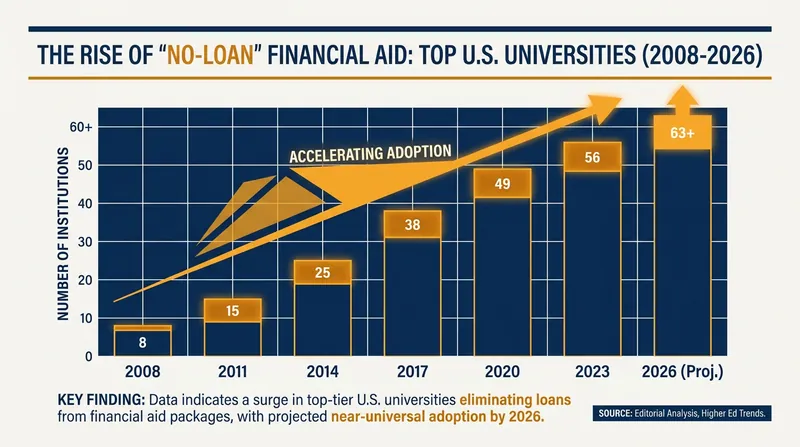 The adoption of no-loan financial aid policies has surged among highly selective private universities.