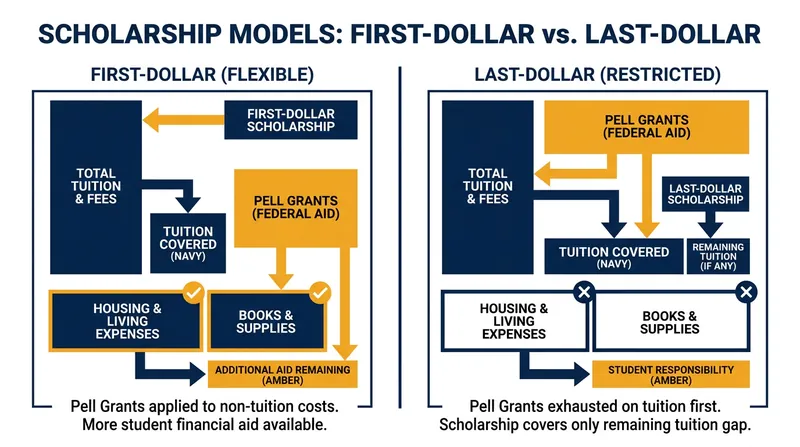 How first-dollar and last-dollar scholarship structures interact with federal aid.