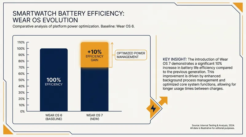 System-level power optimizations in Wear OS 7 deliver measurable battery life improvements.